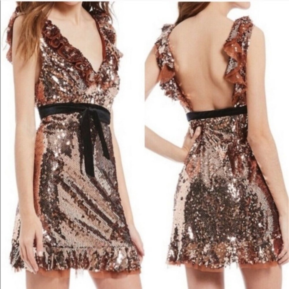 Free People Rose Gold Sequin Formal Evening Holiday Party Dress, Sz 12 - Picture 4 of 15